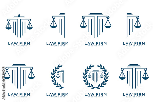Simple elegant justice logo collection , law firm logo set , blue and white background