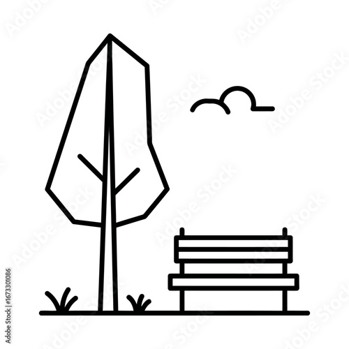 Minimalist Park Bench and Tree Outline Vector Icon