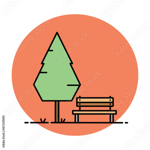 Park Bench and Pine Tree Vector Icon Illustration