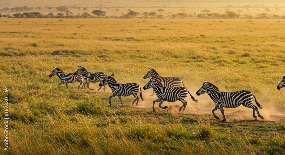 Fototapeta premium Majestic zebras thunder across golden savanna plains at sunset, raising dust in a breathtaking wildlife spectacle.