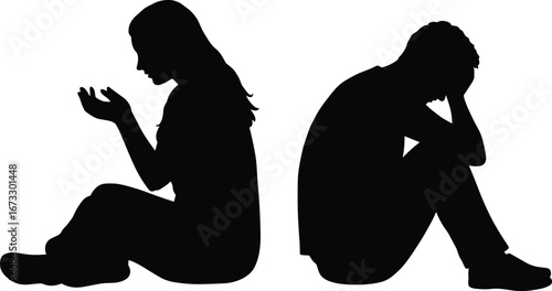 Silhouette of sad couple sitting back to back, relationship problem, emotional stress, breakup argument scene, depression and mental health concept