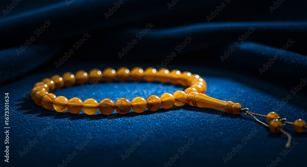 Obraz premium Spiritual amber prayer beads rest on dark blue fabric, evoking peace and reflection