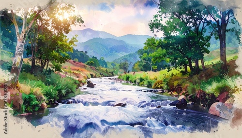 Watercolor Painting of Flowing River in Mountain Landscape