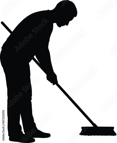 Silhouette of man sweeping floor with broom, janitor cleaning vector, worker performing maintenance task, cleanliness, sanitation service, indoor floor cleaner
