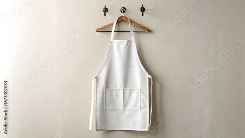 Minimalist Kitchen Scene with White Apron Hanging on Wooden Hook Rack
