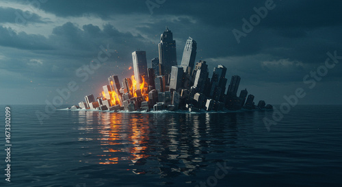 Dystopian cityscape engulfed in flames, sinking into turbulent ocean waters under stormy skies