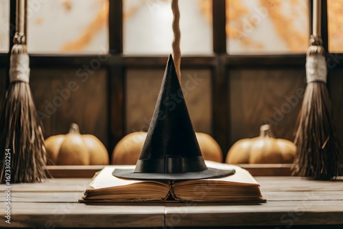 Halloween Scene with Witch Hat on Open Book, Pumpkins, Broomsticks, and Autumn Window Light