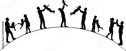 Silhouette of happy families playing with children, parents lifting kids, joyful family moments, parent-child bonding, playful family interaction, love and togetherness vector illustration