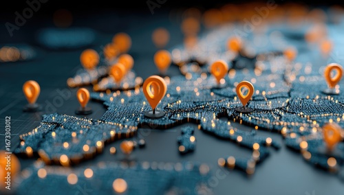 Global map with orange location markers