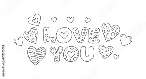 A hand drawn love you message with hearts around it in black and white