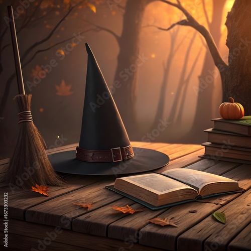 Autumn Forest Witchcraft Scene with Hat, Broomstick, Pumpkin, and Books on Rustic Table