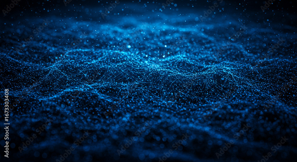 Obraz premium Dynamic abstract blue network of glowing particles creating a futuristic digital data flow.