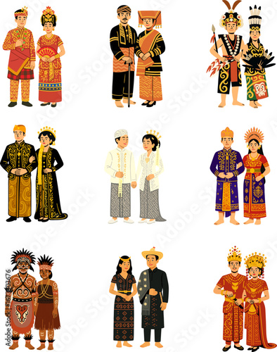 Vector illustration of Indonesian traditional clothing couples from Sabang to Merauke, showcasing cultural diversity and national heritage in a flat cartoon style