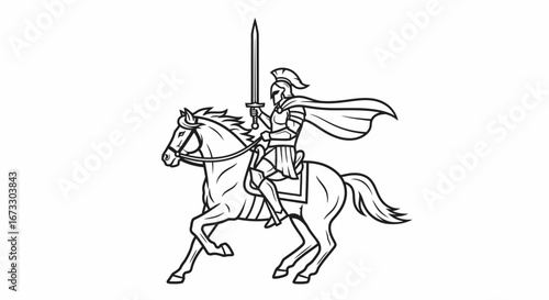 brave roman centurion riding horse with sword, line art illustration