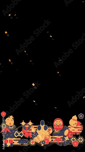 正月、新年に最適な和風イラスト動画、ループ、アルファチャンネル、縦型