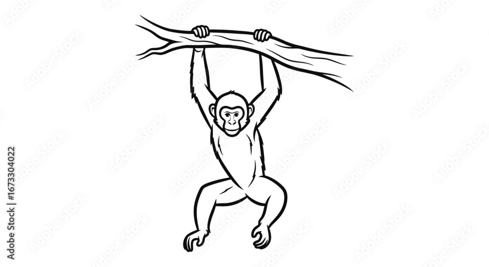 Fototapeta premium chimpanzee hanging on branch, black and white illustration, primate, monkey, jungle