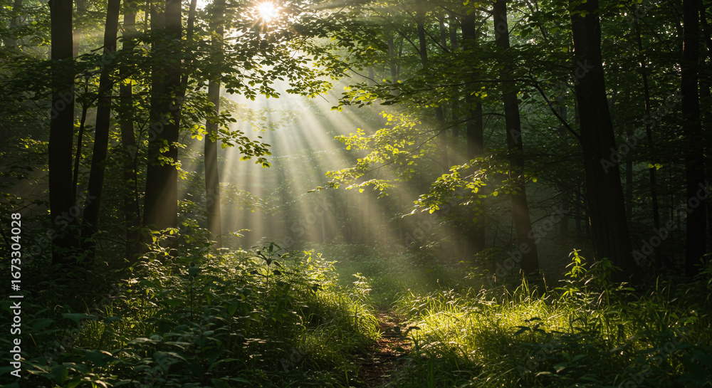 Fototapeta premium Sunbeams pierce lush forest canopy illuminating a tranquil woodland path with vibrant green foliage
