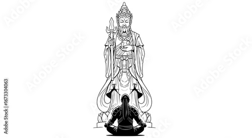 chinese god statue, monk worshipping, asian deity, religious art, spiritual figure, ink drawing, black and white illustration, eastern culture, zen, meditation