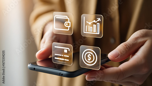 Hands holding a smartphone displaying holographic icons representing finance data analysis and digital transactions symbolizing modern financial technology and online banking services