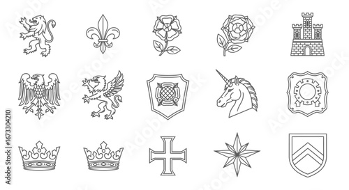 collection of heraldic symbols crowns, lions, unicorns, fleurdelis, and more