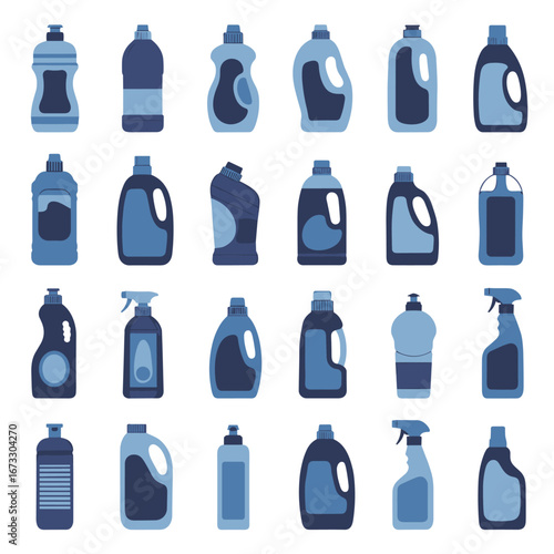 Collection of various household cleaning product containers in blue and gray tones