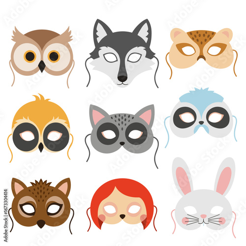 Collection of animal masks and human character masks for parties and dress up fun