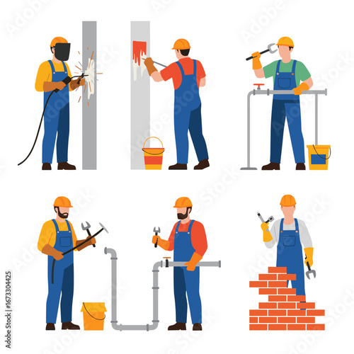 Skilled tradespeople performing various construction and repair tasks with tools and equipment safety gear