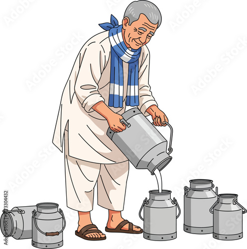 Traditional Indian Dairy Farmer Pouring Milk into Canisters