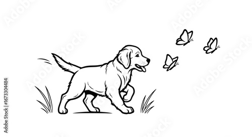 cute golden retriever puppy chasing butterflies in grass line art illustration