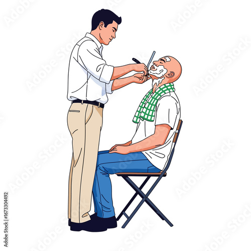 traditional Street Barber Giving a Customer a Straight Razor Shave