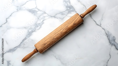 Classic Wooden Rolling Pin on White Marble Surface with Natural Grain