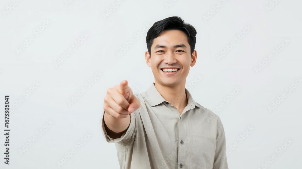 man pointing finger at someone in front on plain background