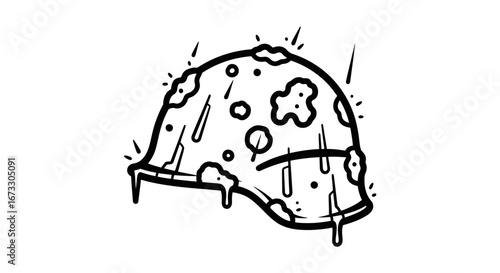damaged military helmet, war relic, grunge style, combat gear, veteran symbol, sketch, ink drawing, army, soldier, battle