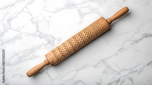 Textured Wooden Rolling Pin on White Marble Surface for Decorative Baking