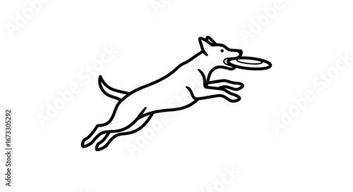 dog catching flying disc, jump, canine, pet, playful, active, fun, animal, sport, graphic, line art, illustration