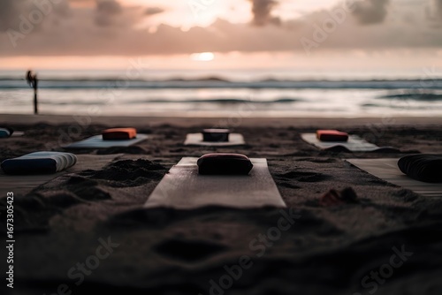 Beach Yoga Setup at Sunrise with Mats, Blocks, and Ocean View