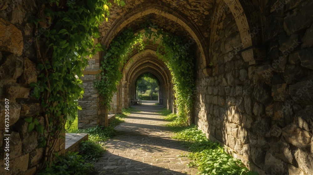 Naklejka premium ivy covered stone monastery cloister pathway
