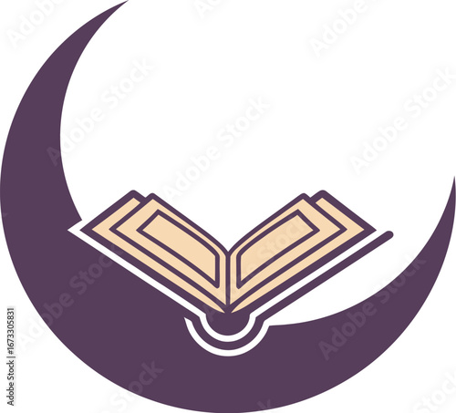 Illustration of an open book with beige pages inside a purple crescent moon on a white background