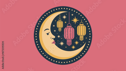 Illustration of a crescent moon with a face and hanging lanterns against a pink background