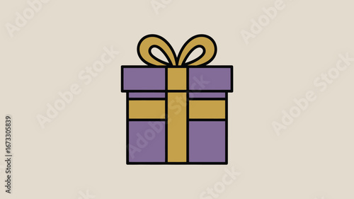 A cartoon style illustration of a purple gift box with a gold ribbon and bow on a beige background