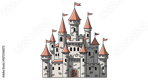 fairytale castle illustration majestic towers, red roofs, fortified walls