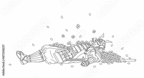 fallen samurai warrior line art drawing of a deceased samurai in cherry blossoms