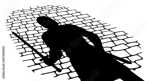 fallen warrior silhouette medieval knight shadow on cobblestone street