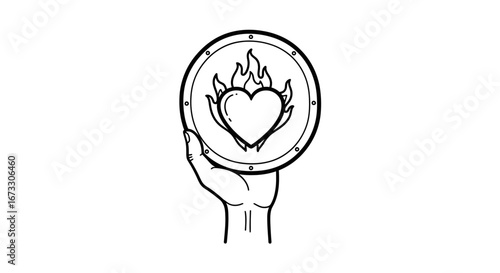 fiery heart in hand passionate love, burning desire, emblem, badge, icon