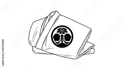 folded japanese kimono with mon, traditional clothing, black and white illustration, family crest, asian culture