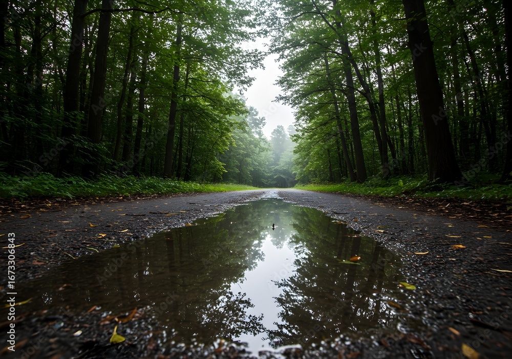 Fototapeta premium Misty forest path with a large puddle reflecting trees and sky, atmospheric nature scene.