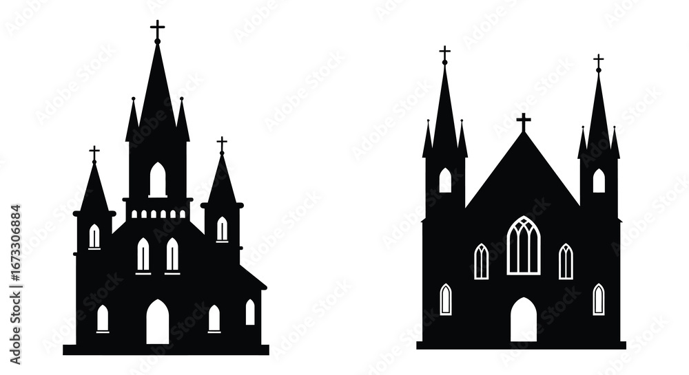 Obraz premium Two black silhouette church buildings with steeples and crosses on white background