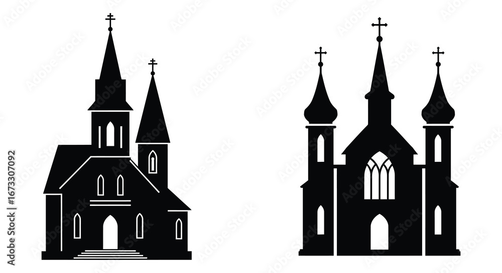 custom made wallpaper toronto digitalTwo black silhouette church buildings with steeples and crosses on white background