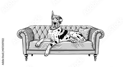 great dane dog on elegant sofa, classic pet, home decor, vintage style illustration