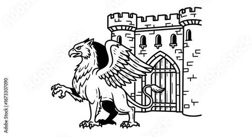 griffin guarding medieval castle gate, majestic creature, fantasy art, mythical beast, vintage style illustration